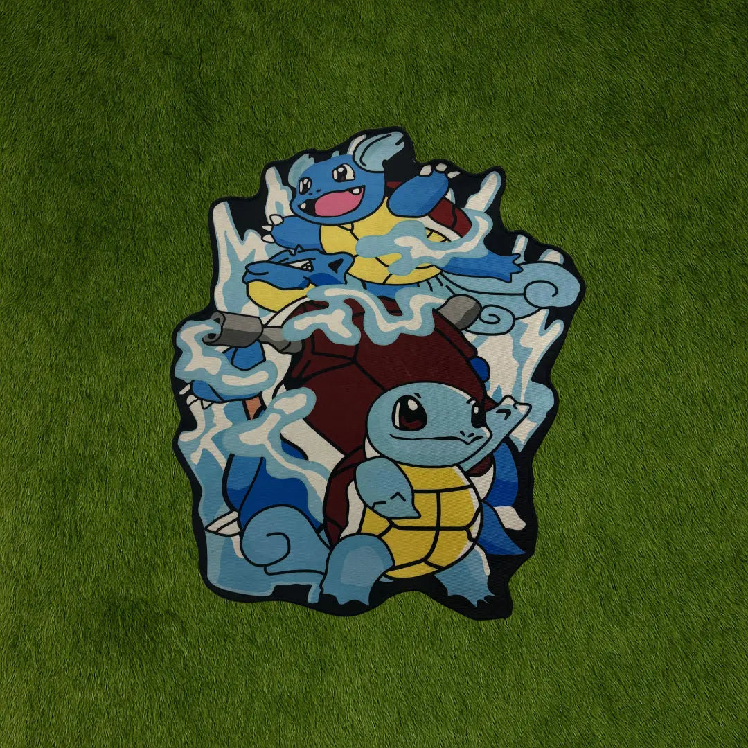 Blastoise Evolution 2 Rug – Final Form Pokémon Art custom rug by Sirenicate Rugs, prominently displayed on a vibrant dark green turf background.