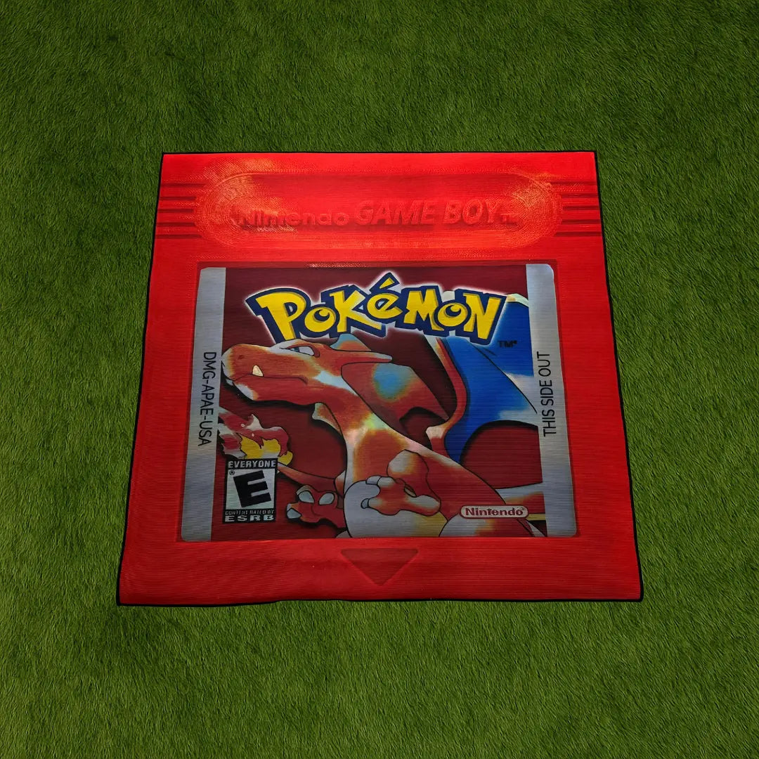 Charizard Gameboy Rug – Red Retro Pokémon Custom Rug custom rug by Sirenicate Rugs, prominently displayed on a vibrant dark green turf background.