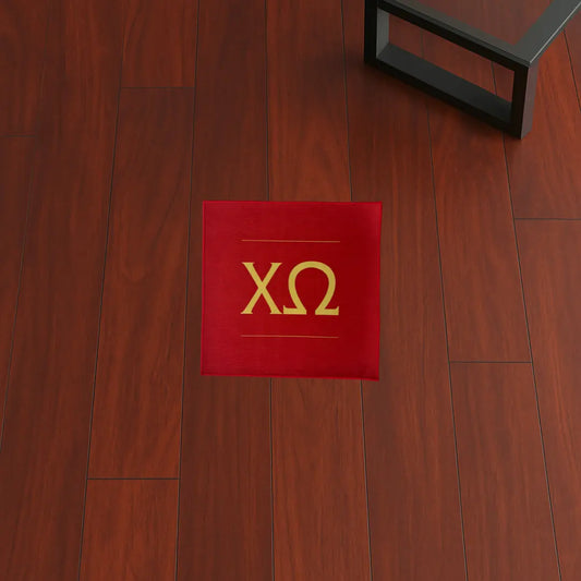 Custom Rug – Chi Omega Greek Letters Red & Yellow custom rug by Sirenicate Rugs, prominently displayed on a vibrant dark hardwood floor background.