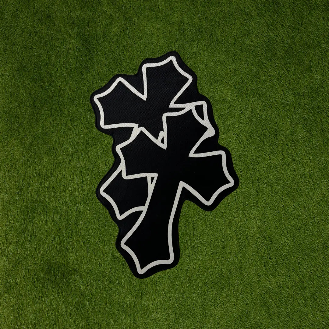 Chrome hearts Crosses Design custom rug by Sirenicate Rugs, prominently displayed on a vibrant dark green turf background.