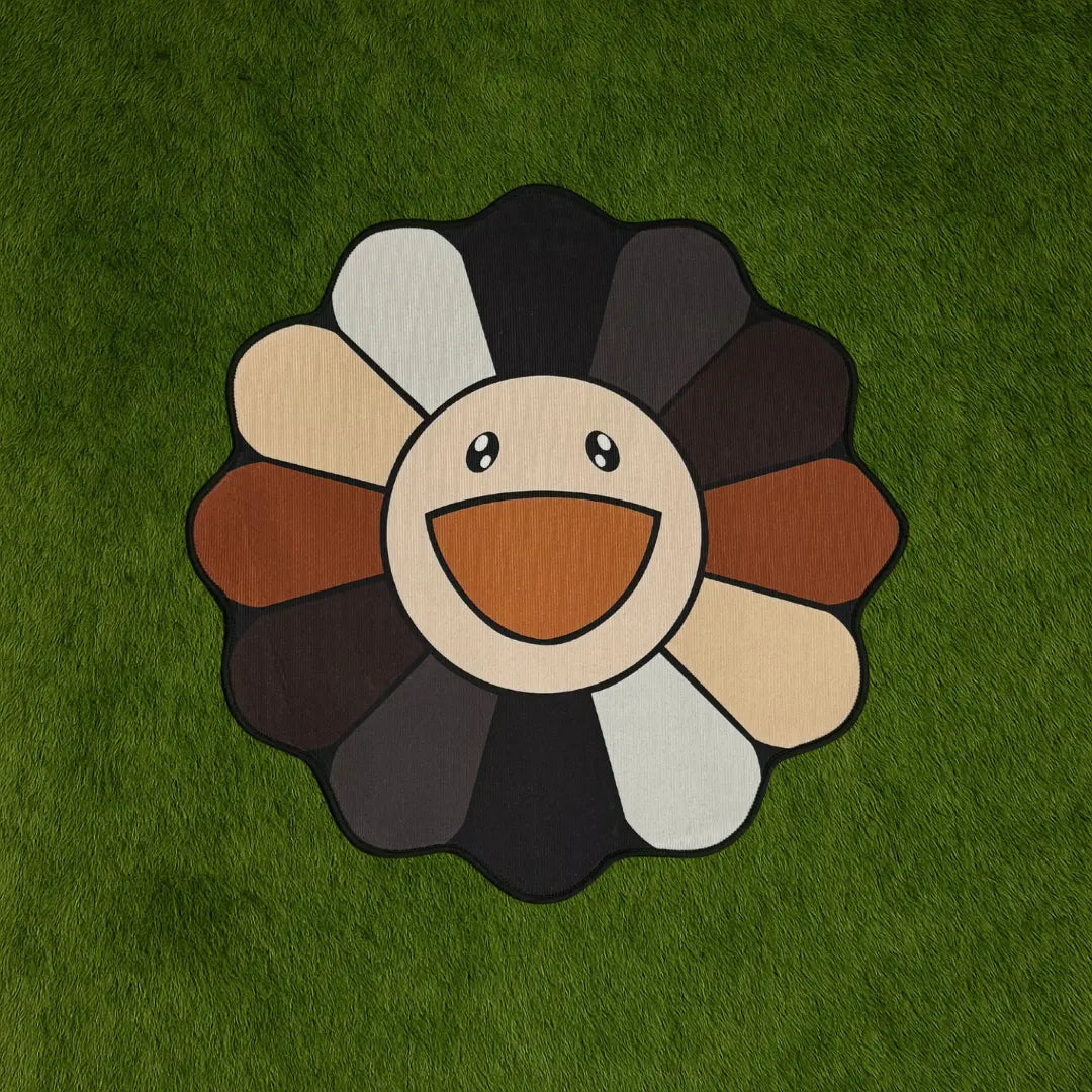Custom Rug - Brown Marukami Flower Design custom rug by Sirenicate Rugs, prominently displayed on a vibrant dark green turf background.
