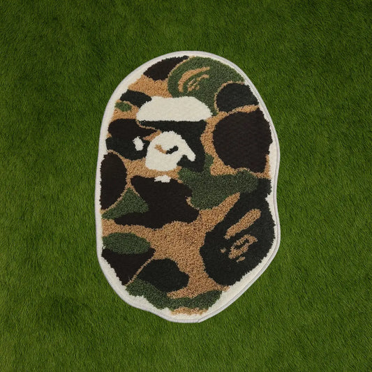 Custom Rug – CAMO BAPE Rug custom rug by Sirenicate Rugs, prominently displayed on a vibrant dark green turf background.