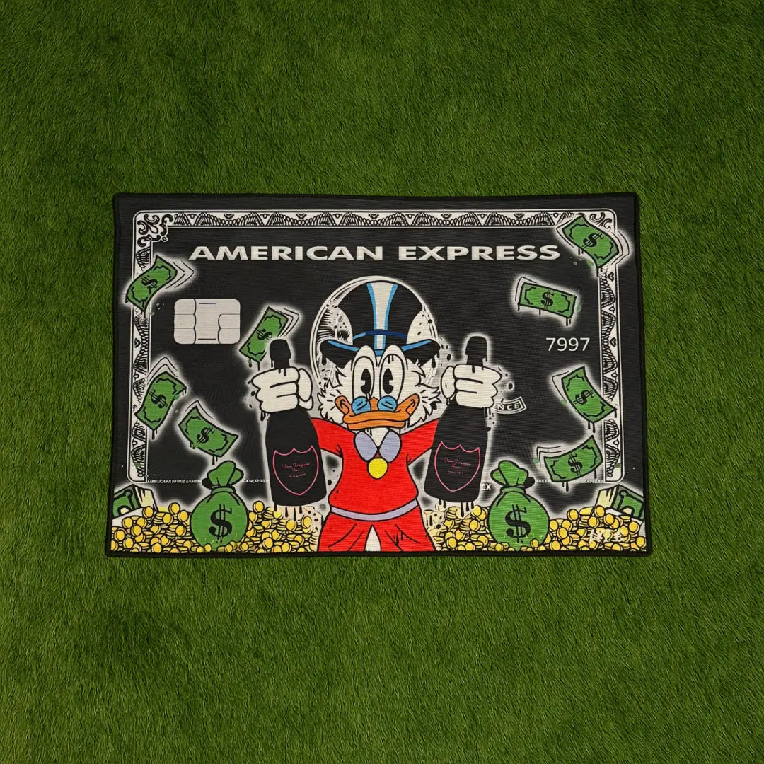 Custom Rug – Donald Duck Bottles Amex Doormat | 2.5x1.5 ft custom rug by Sirenicate Rugs, prominently displayed on a vibrant dark green turf background.