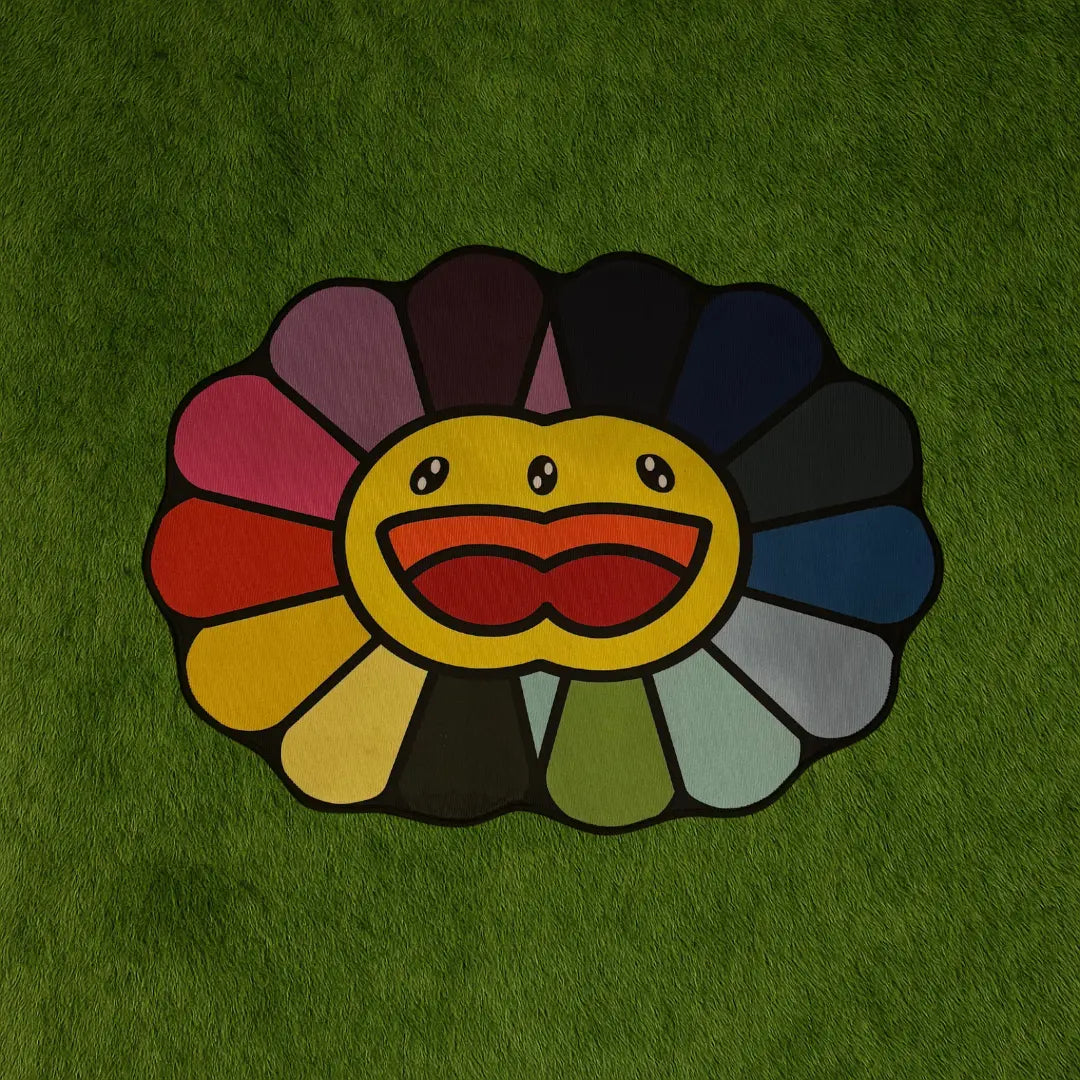 Custom Rug – Double Rainbow Flower Design custom rug by Sirenicate Rugs, prominently displayed on a vibrant dark green turf background.