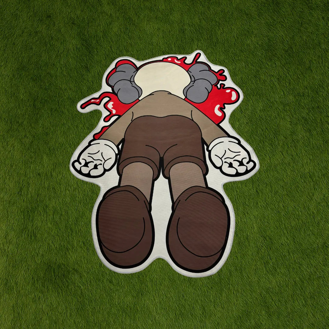 Custom Rug - Face Plant KAWS Art Design custom rug by Sirenicate Rugs, prominently displayed on a vibrant dark green turf background.