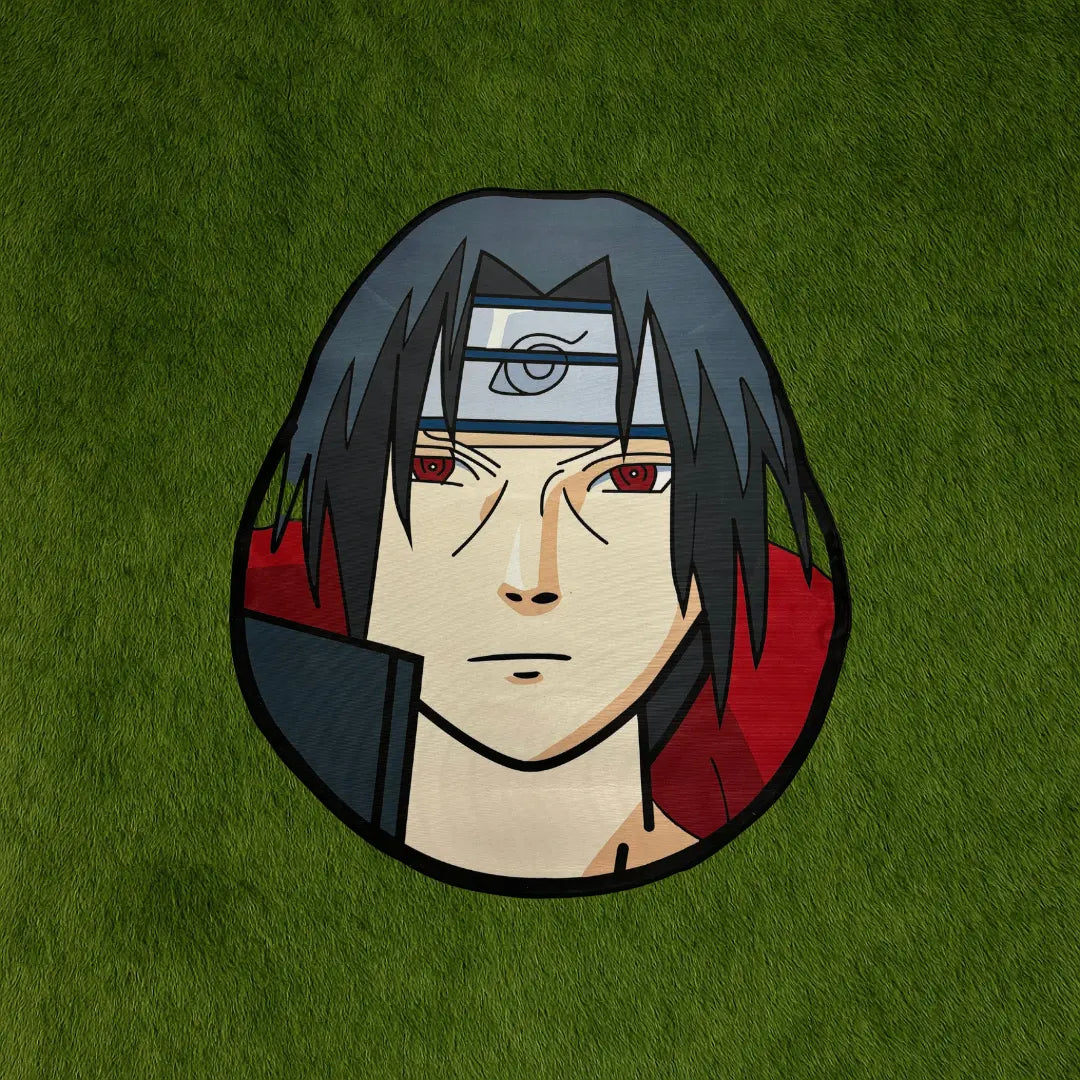 Custom Rug - Itachi Head Naruto Edition custom rug by Sirenicate Rugs, prominently displayed on a vibrant dark green turf background.