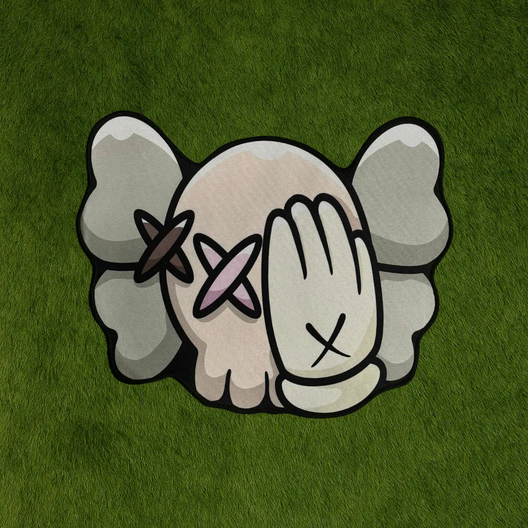 Custom Rug – KAWS Head Concealed Face Edition custom rug by Sirenicate Rugs, prominently displayed on a vibrant dark green turf background.