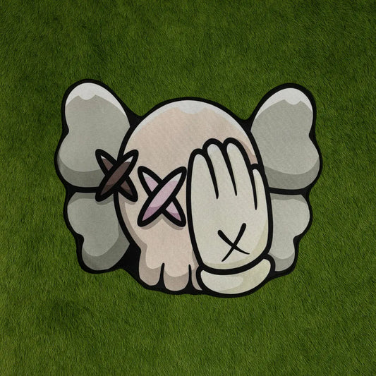 Custom Rug – KAWS Head Concealed Face Edition custom rug by Sirenicate Rugs, prominently displayed on a vibrant dark green turf background.