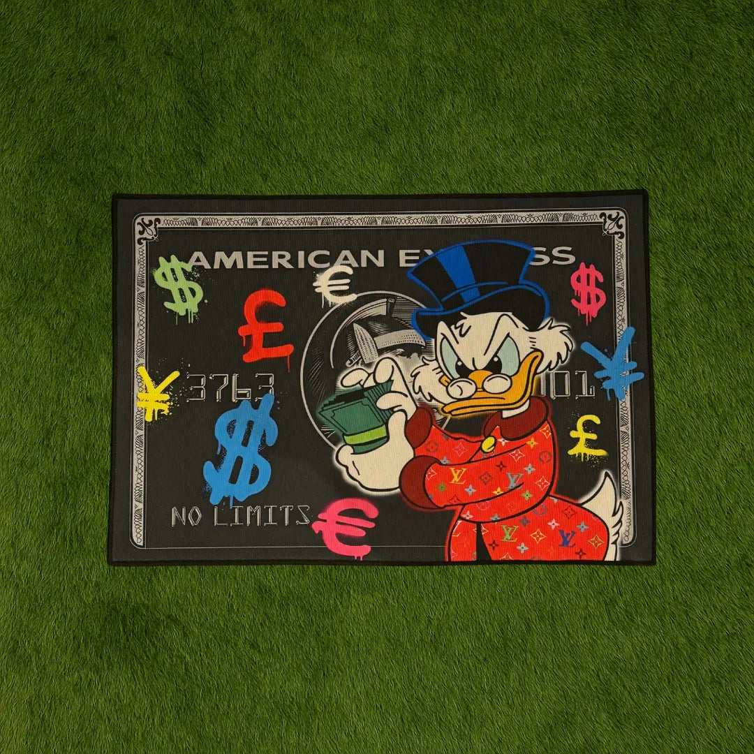 Custom Rug – LV Donald Duck Amex Style Doormat | 2.5x1.5 ft custom rug by Sirenicate Rugs, prominently displayed on a vibrant dark green turf background.