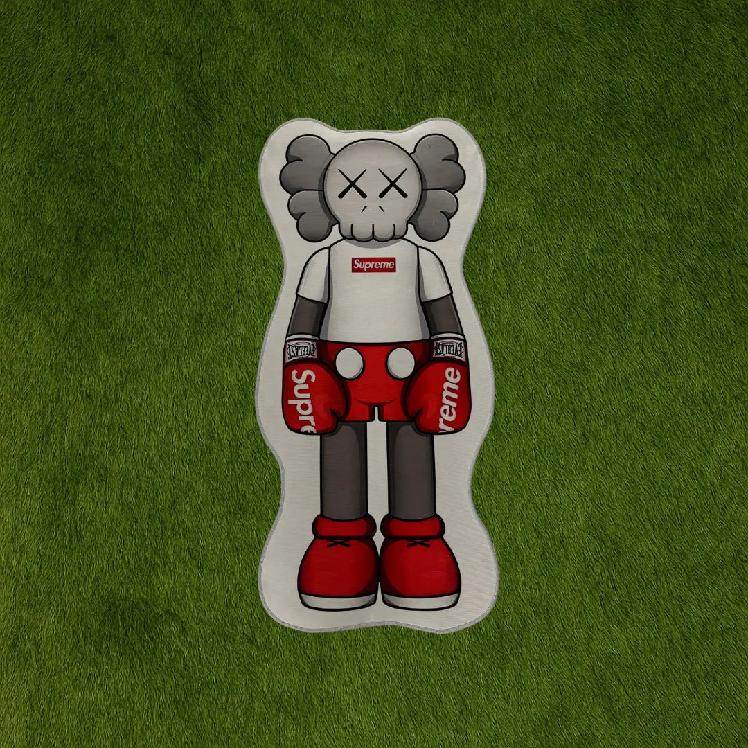 Custom Rug – Supreme X KAWS Collab Rug custom rug by Sirenicate Rugs, prominently displayed on a vibrant dark green turf background.