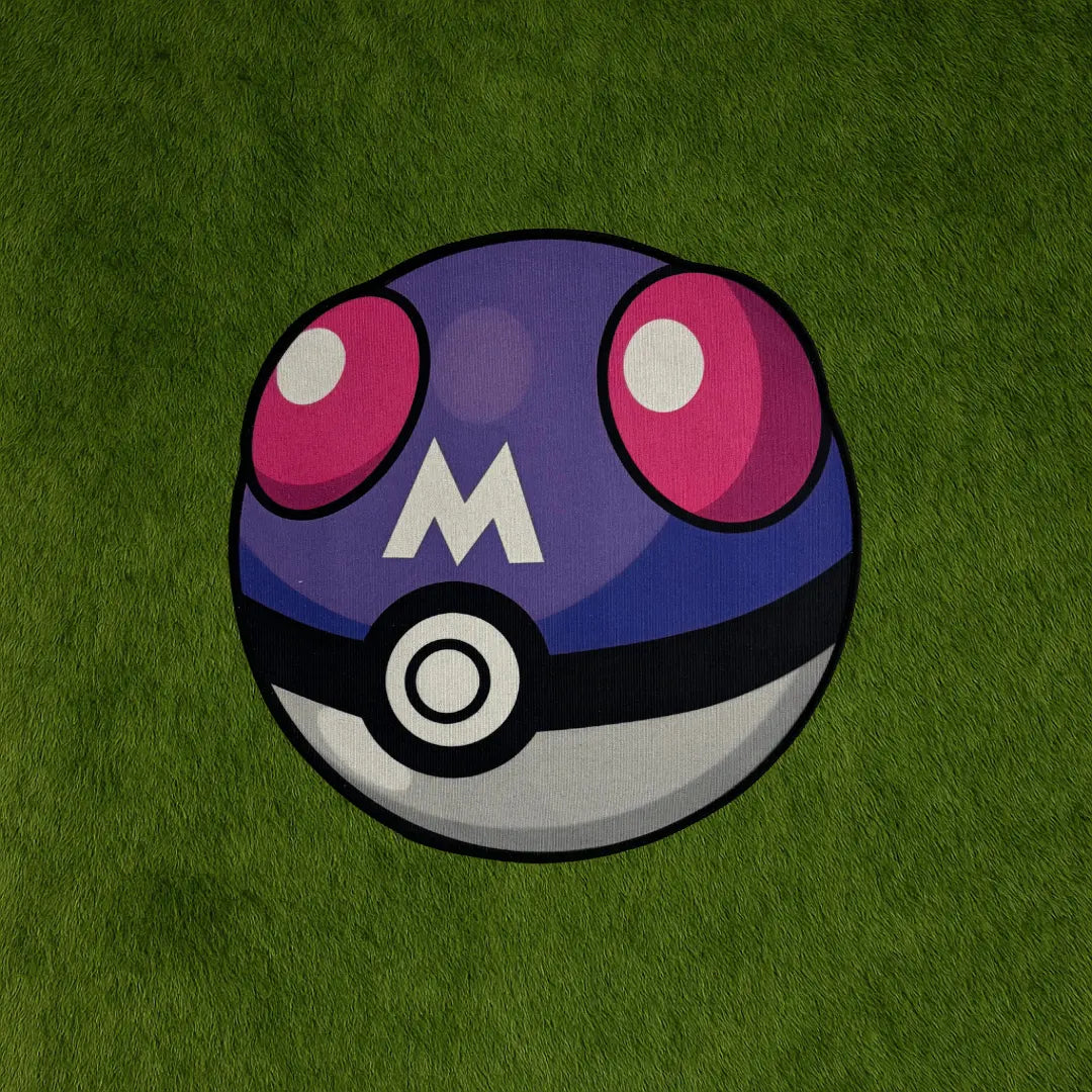 Masterball Rug – Original Pokémon-Inspired Rug Art custom rug by Sirenicate Rugs, prominently displayed on a vibrant dark green turf background.