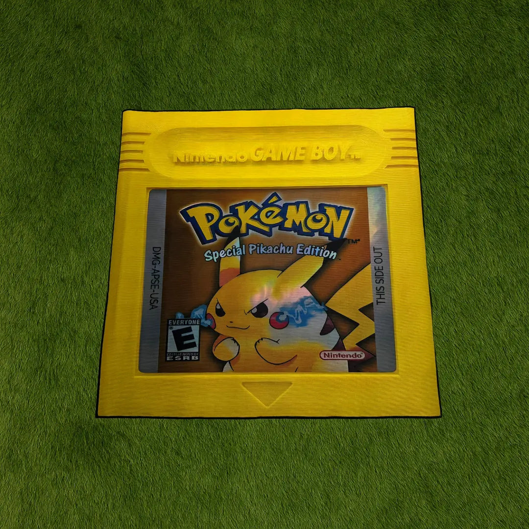 Pikachu Gameboy Rug – Yellow Retro Pokémon Custom Rug custom rug by Sirenicate Rugs, prominently displayed on a vibrant dark green turf background.