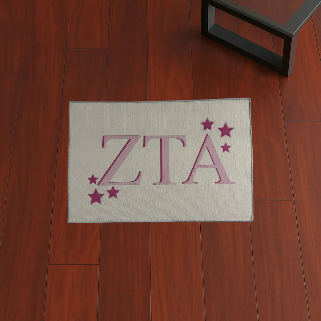 ZETA Sorority Stars Design | 3x2 ft Custom Rug by Sirenicate Rugs, prominently displayed on a vibrant dark hardwood floor background.