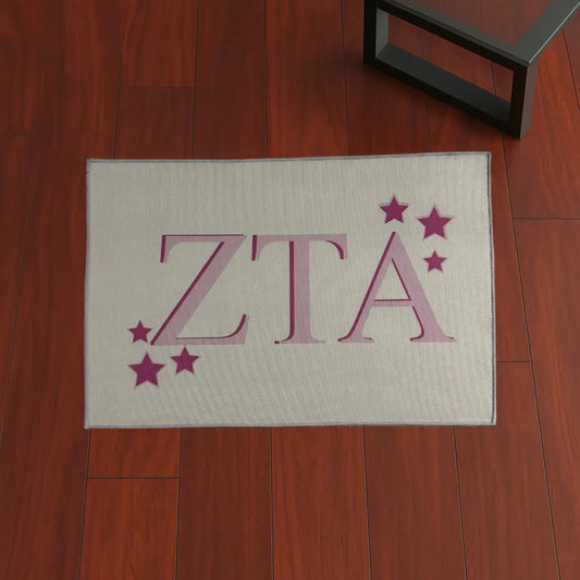 ZETA Sorority Stars Design | 4x2.5 ft Custom Rug by Sirenicate Rugs, prominently displayed on a vibrant dark hardwood floor background.