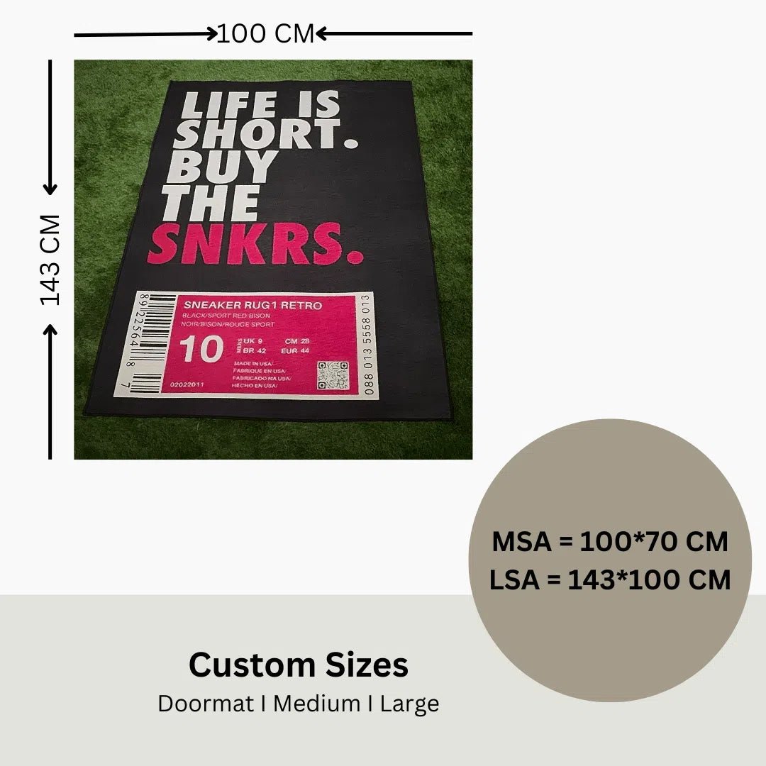 Rug sizing guide showing the two options for the Hype Pink Sneaker Box Rug with dimensions in centimeters.