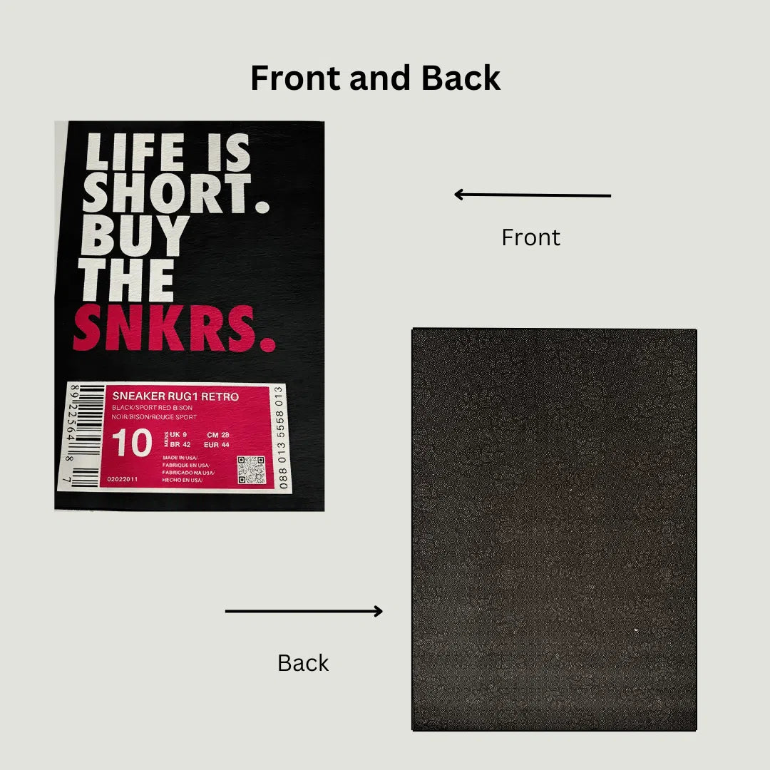 Side-by-side image showing the pink sneaker box design and the non-slip backing underneath.