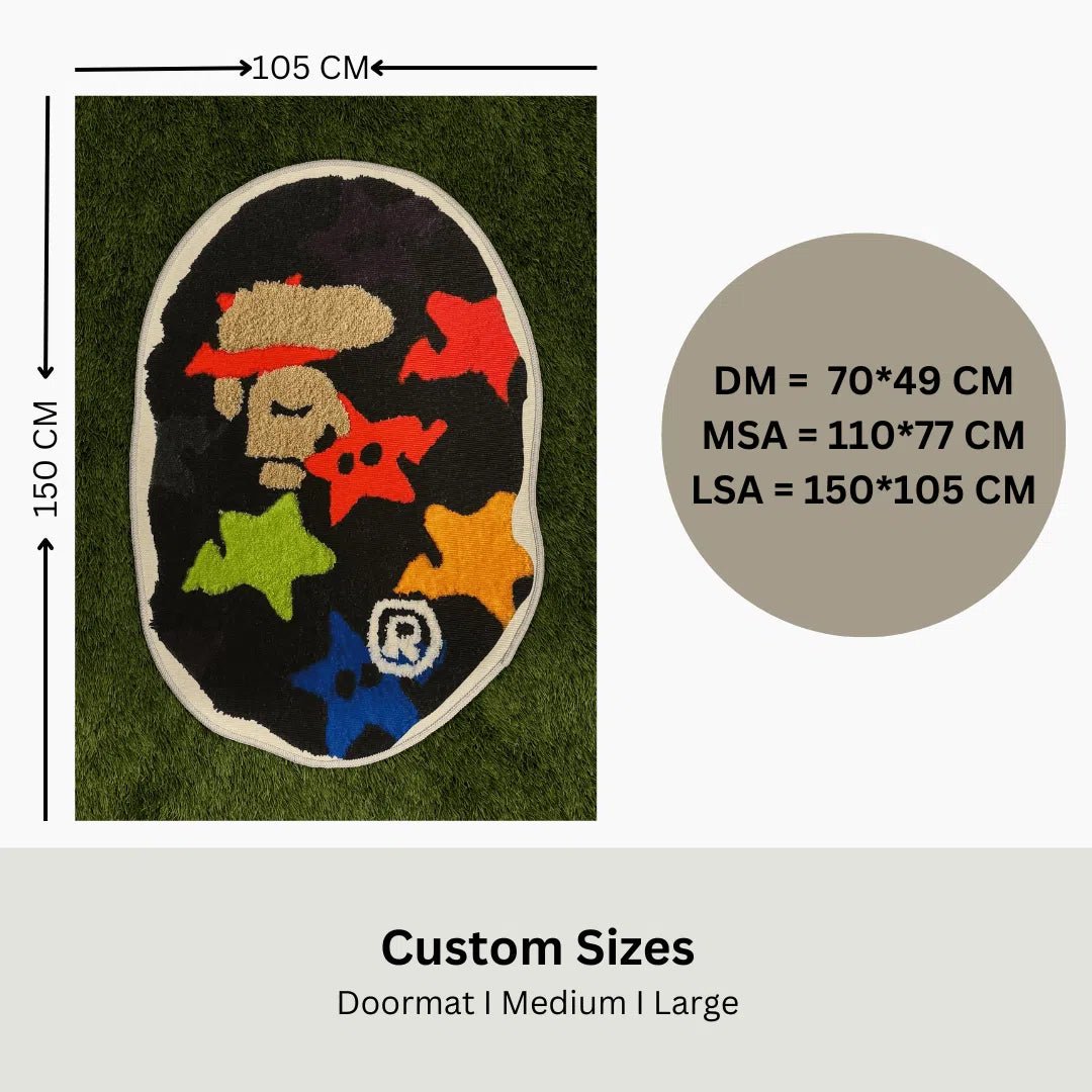 Size guide showing dimensions for small, medium, and large STAR BAPE Rugs with labeled measurements.