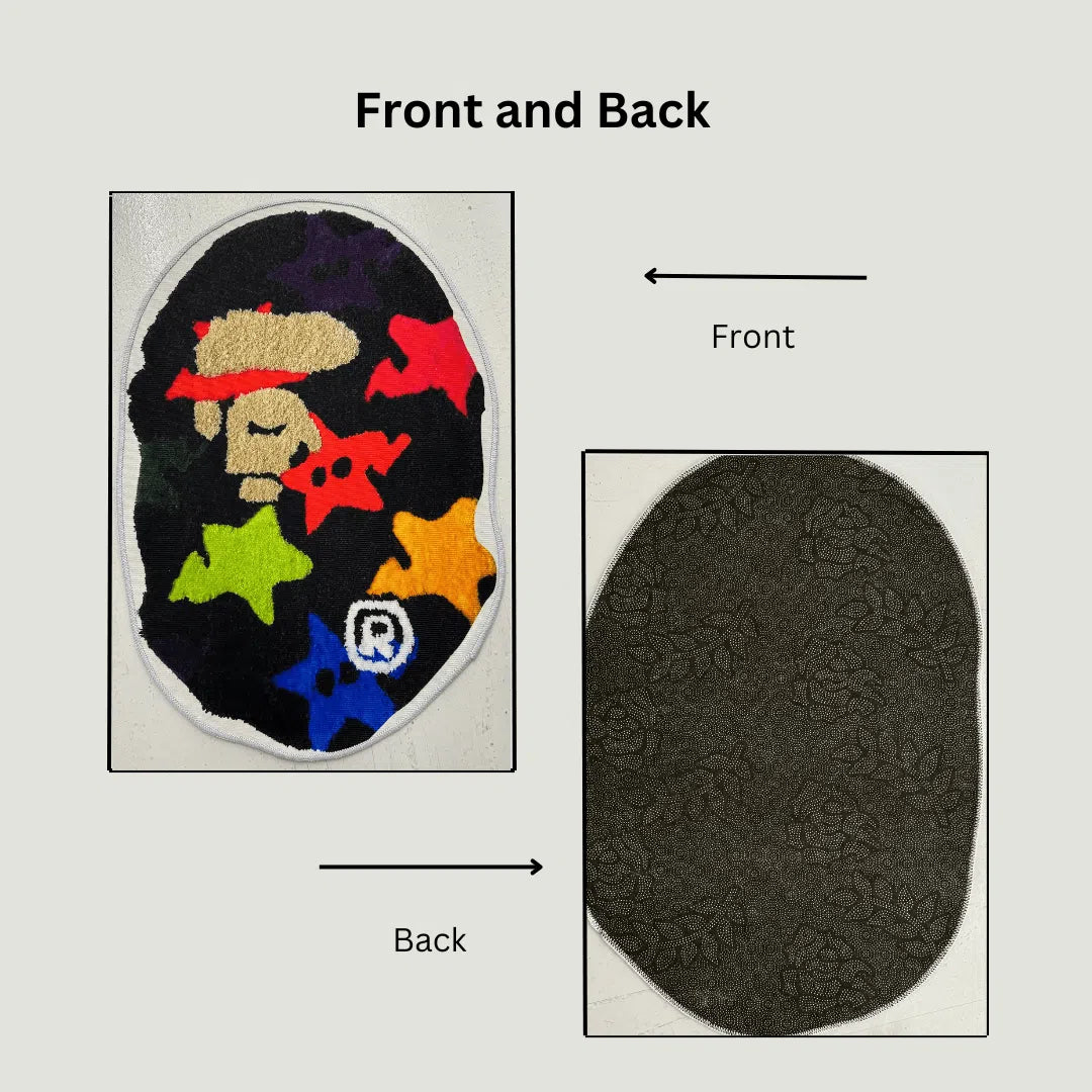 Side-by-side image of the STAR BAPE Rug’s front graphic and its anti-slip rubber backing.