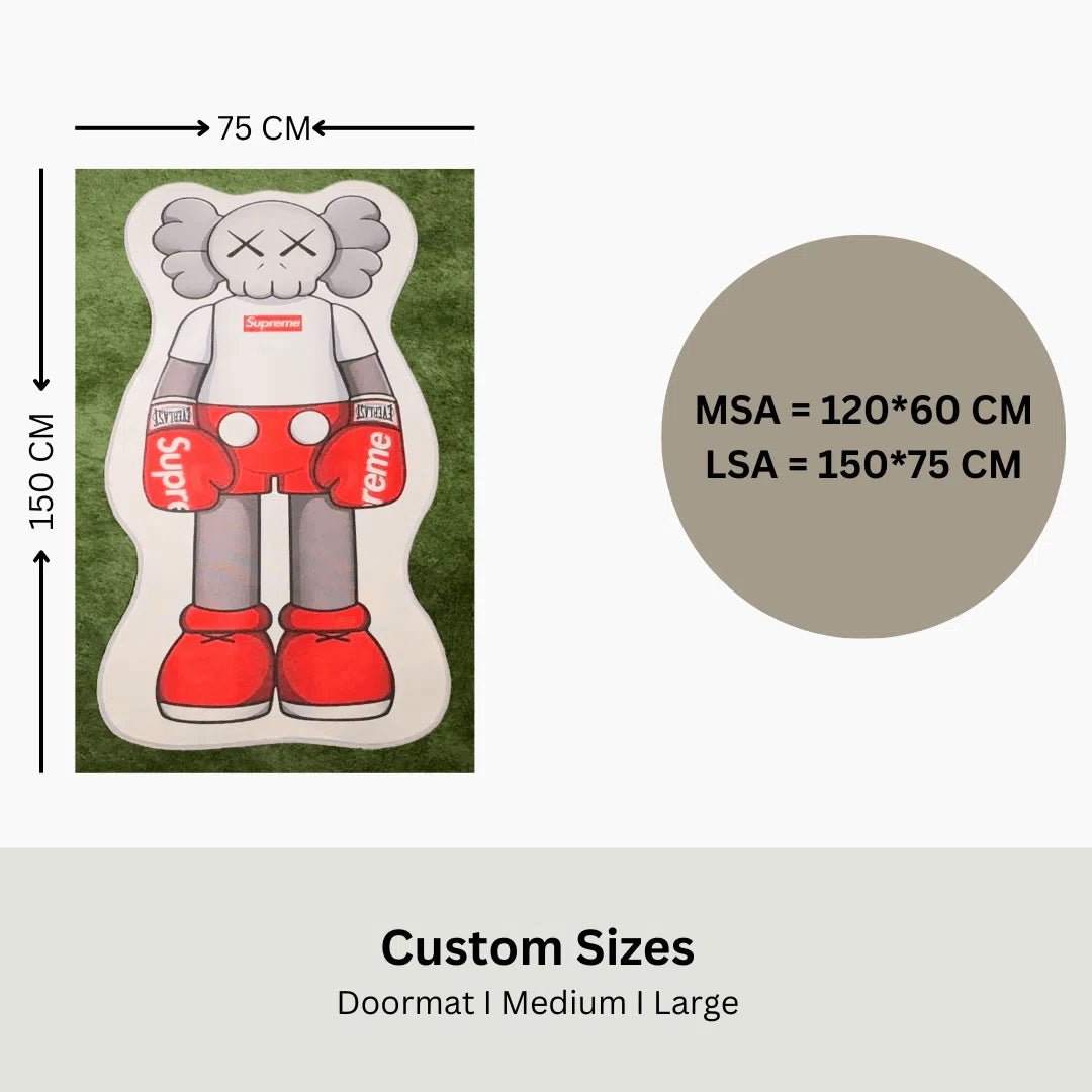 Visual size chart showing medium and large labeled dimensions for the Supreme KAWS Rug.