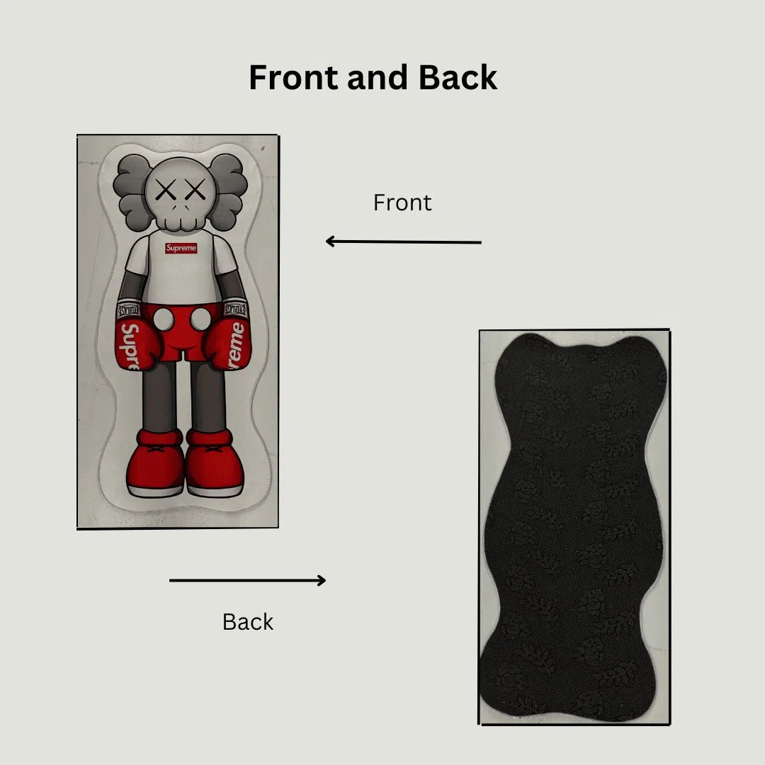 Side-by-side image showing bold front artwork and black anti-slip rubber backing on the rug.