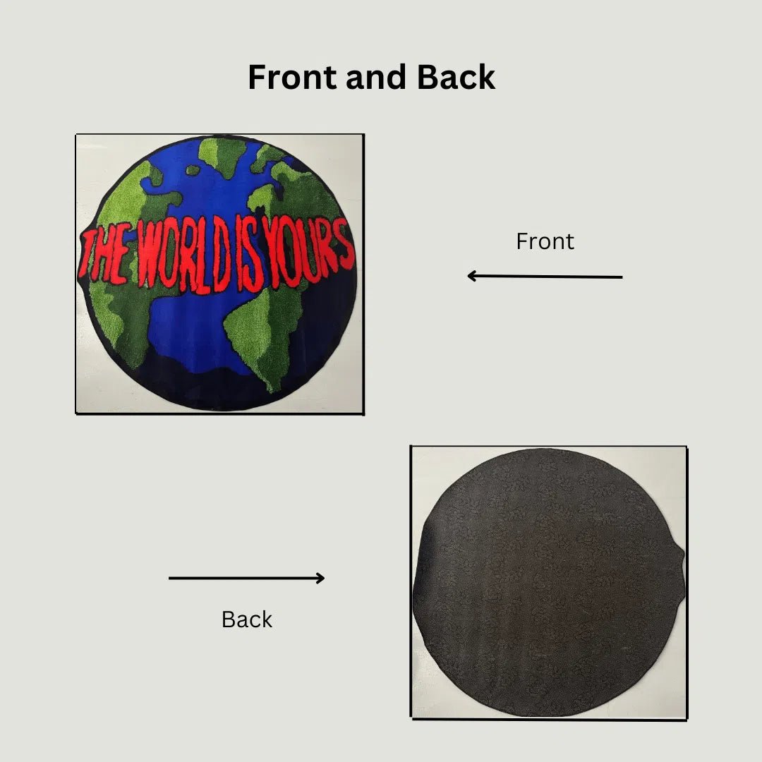 Side-by-side image showing the printed world map on the front and non-slip rubber backing underneath.