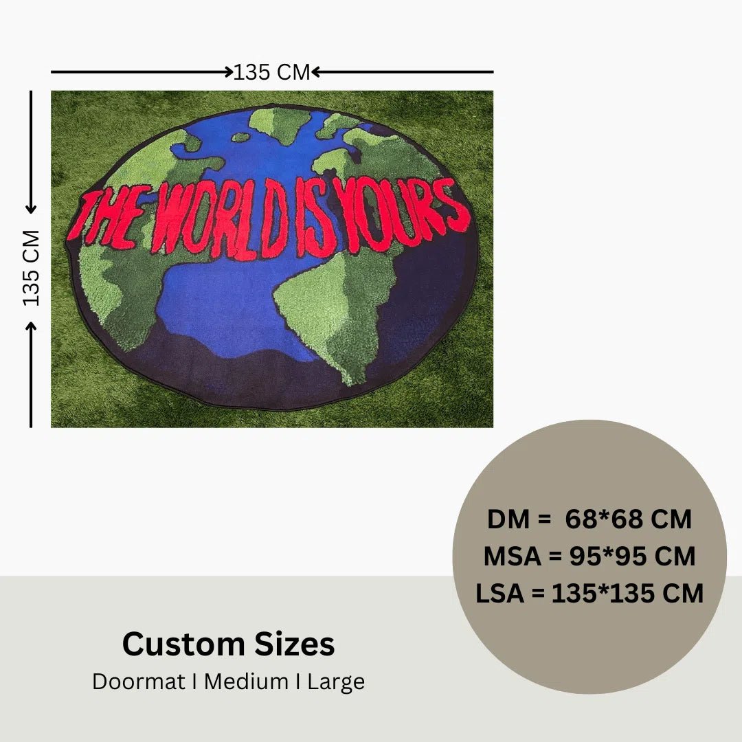 Size guide showing small, medium, and large dimensions for The World Is Yours Rug with labeled measurements.