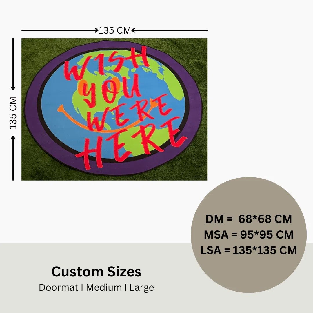 Size chart showing medium and large rug dimensions with scale references.