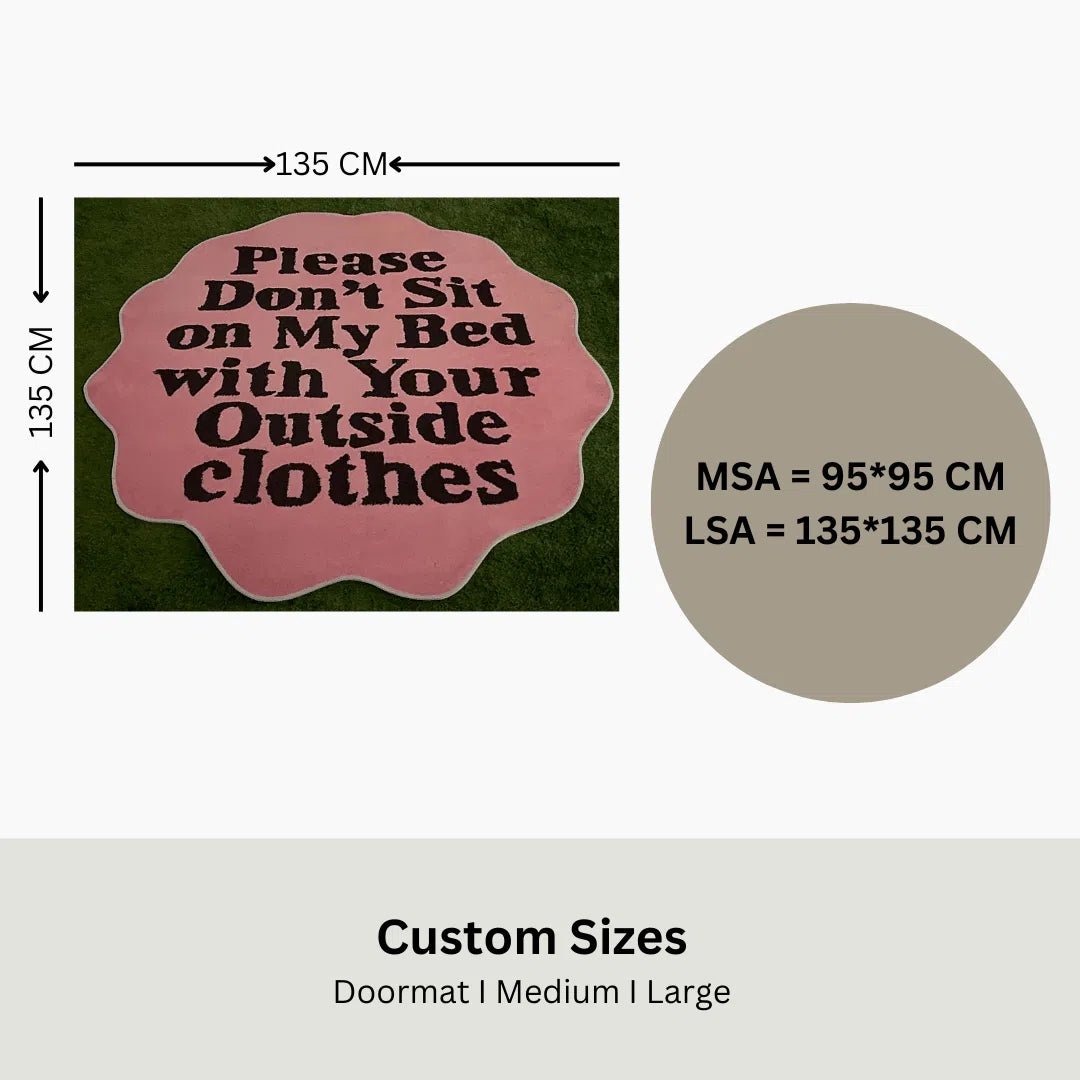 Size chart showing medium and large dimensions for the Don’t Sit on My Bed Rug.