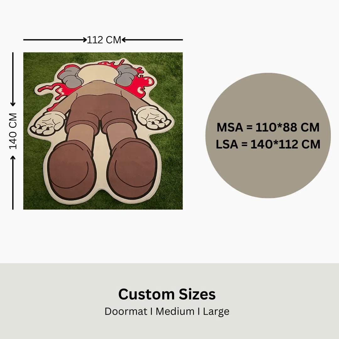 Rug sizing chart showing medium and large measurements for the Face Plant KAWS Art Rug.