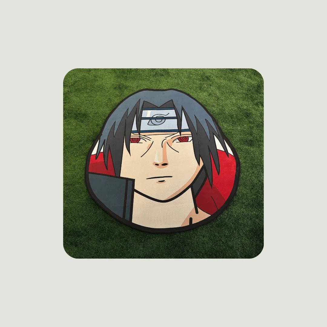 Itachi Head Naruto Rugs displayed on turf in multiple sizes, showcasing color and layout contrast.