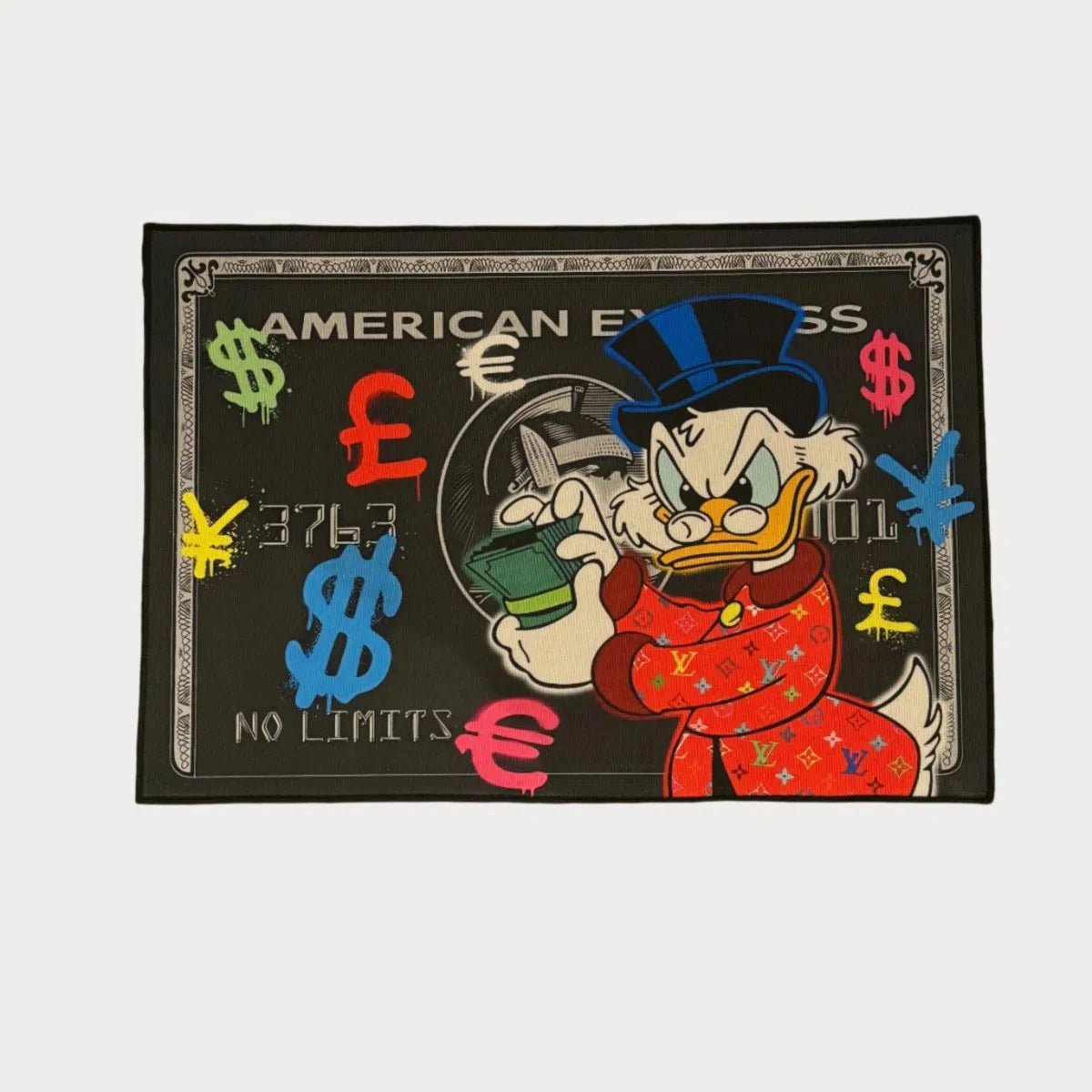 LV Donald Duck custom rug with cash, top hat, and colorful currency symbols on a black AMEX-style card design.