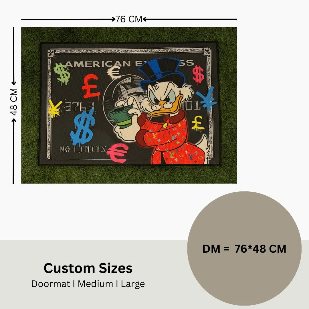 Sizing diagram for the 2.5x1.5 ft LV Donald Duck Amex rug, showing measurements in centimeters and inches.