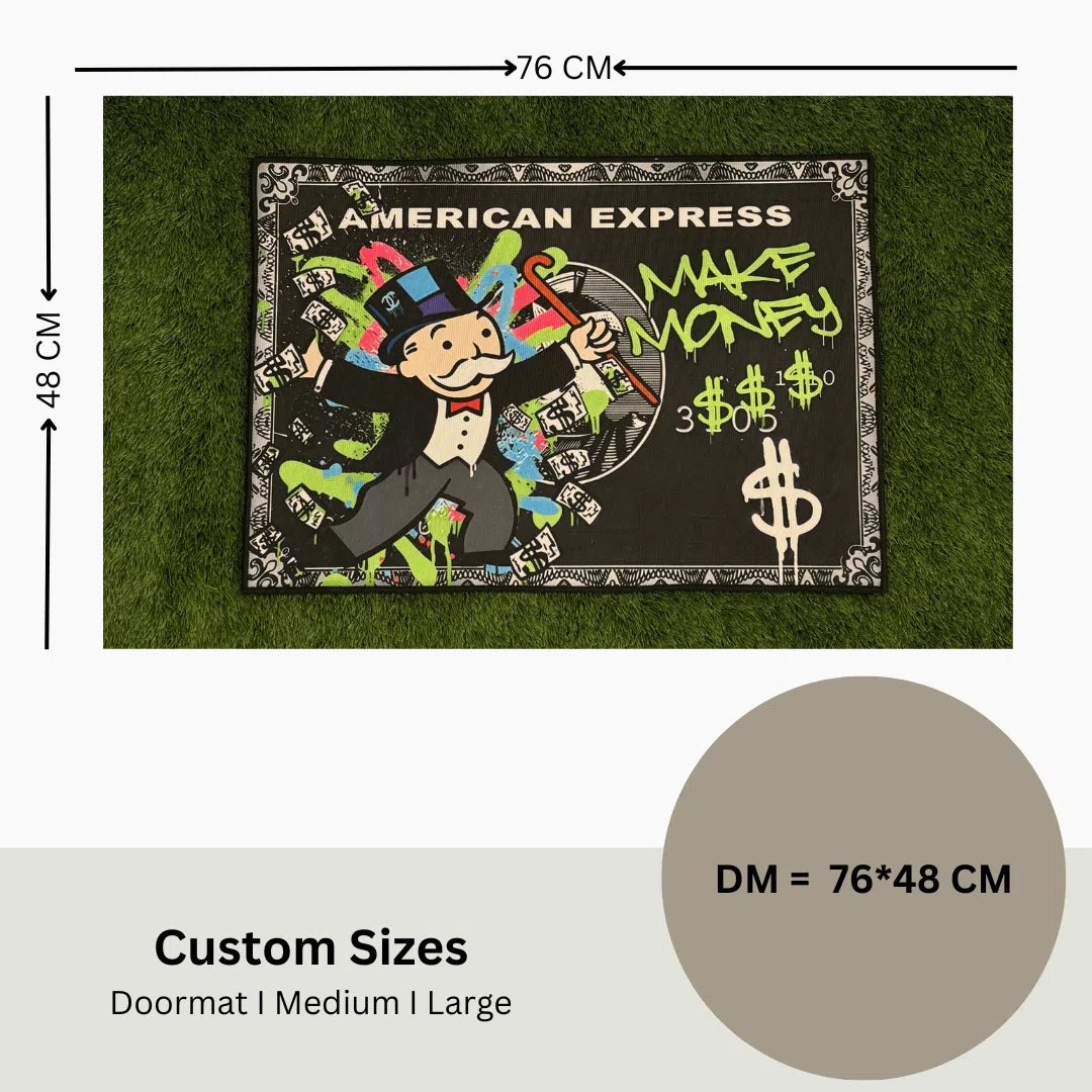 Rug size diagram showing dimensions of 76 x 48 cm for the Make Money Amex design.