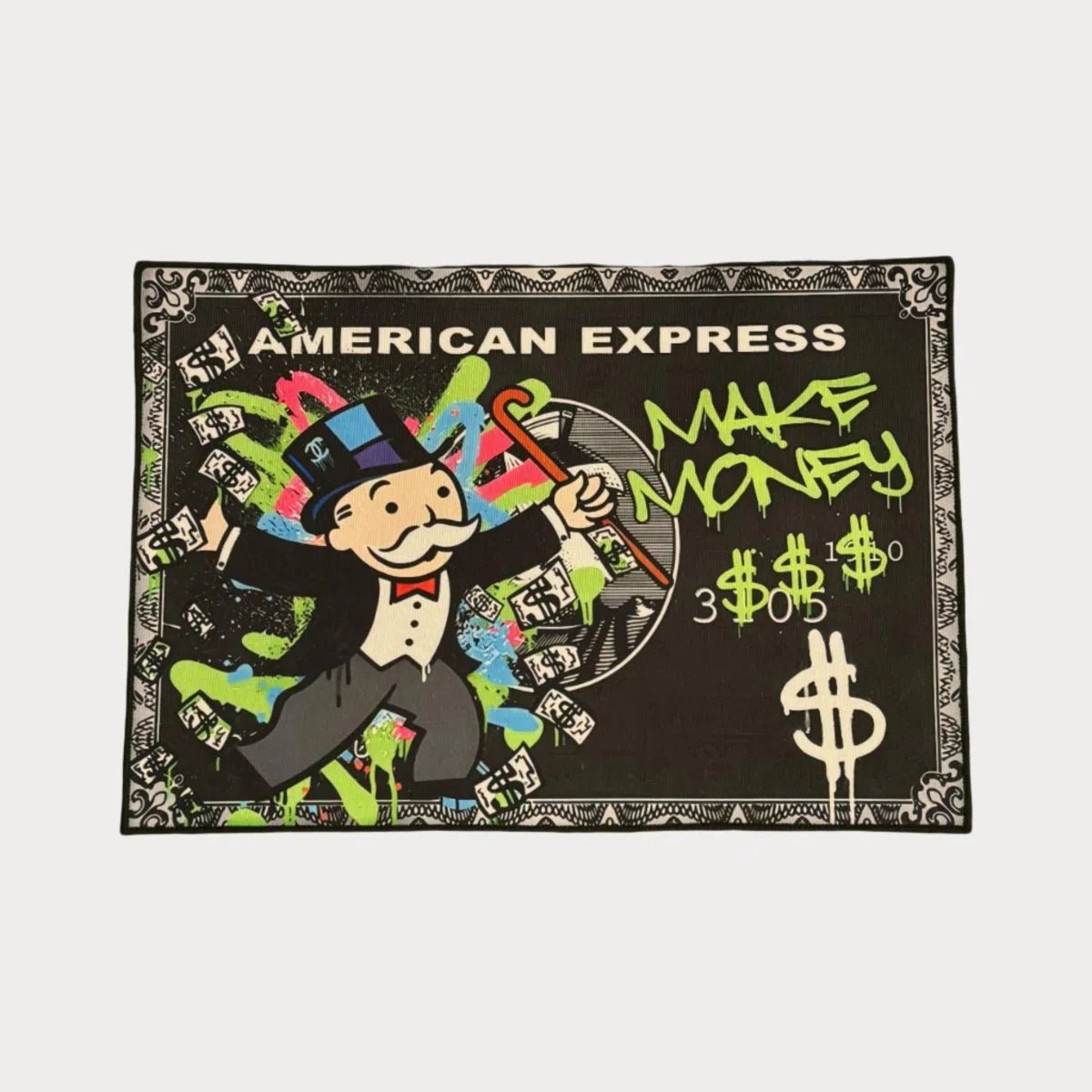 Custom Make Money rug styled like a black American Express card with Monopoly Man and green text on a dark background.