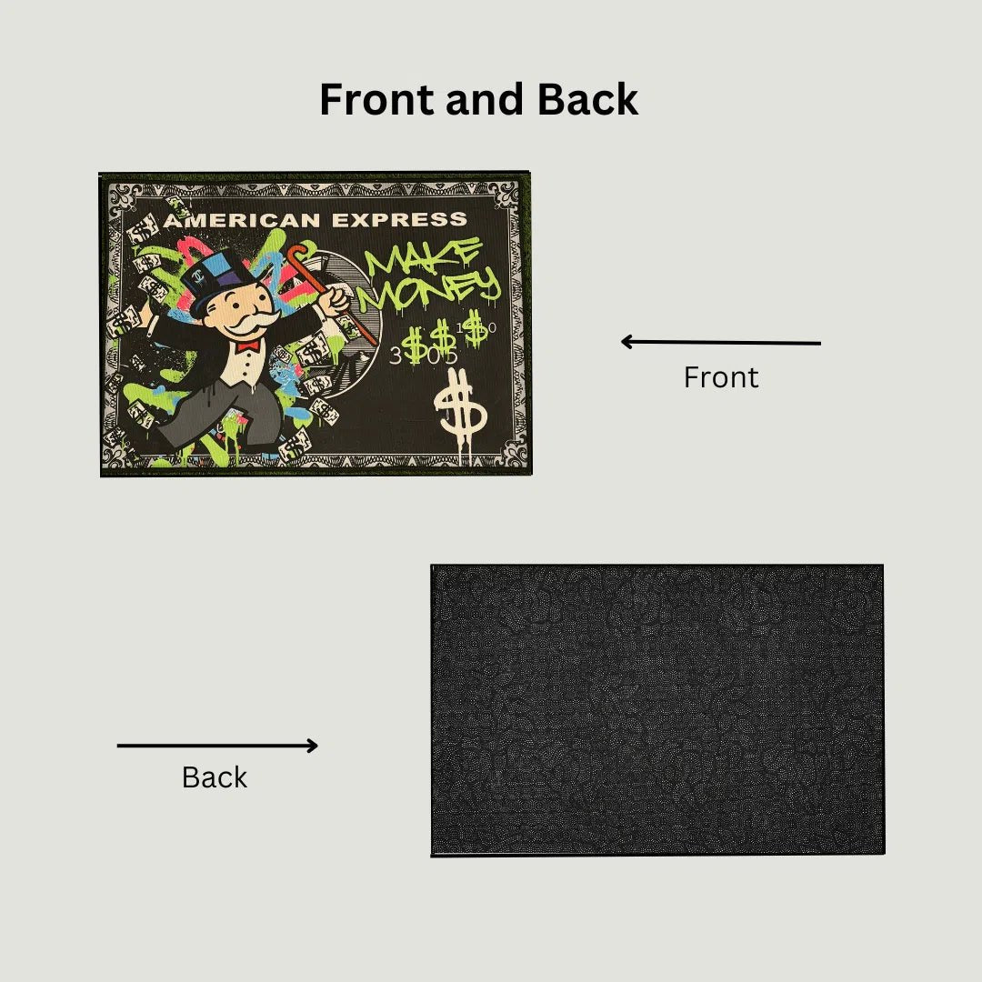 Side-by-side image of the printed rug front with text and non-slip black rubber backing.