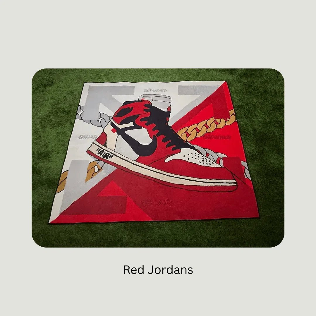 Off-White SNKRS Rugs displayed on turf in multiple sizes, showing sneaker-inspired styling and scale.