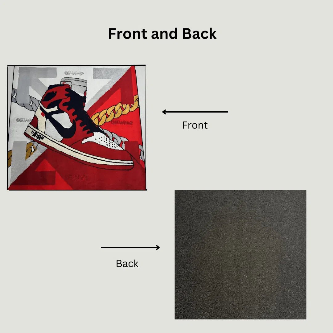 Side-by-side display of the Off-White SNKRS Rug front design and the anti-slip rubber backing underneath.
