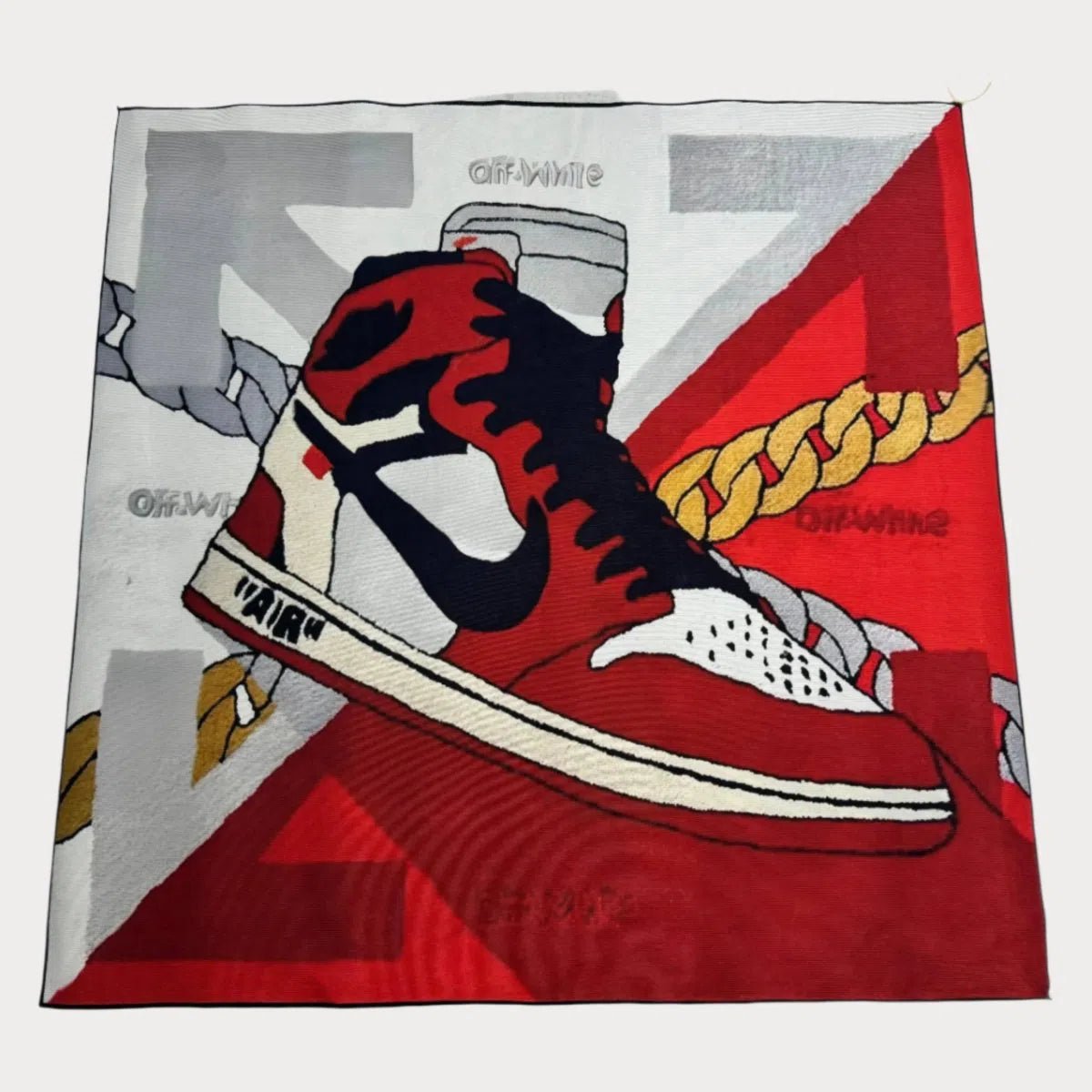 Off-White SNKRS Rug featuring bold red-and-white sneaker graphics, laid flat on a clean background.