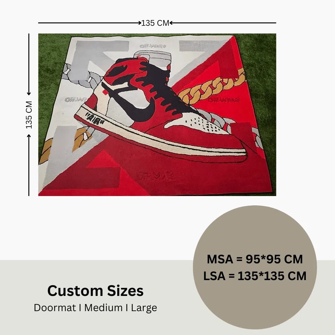 Size guide showing medium and large dimensions for the Off-White SNKRS Rug with labeled measurements.