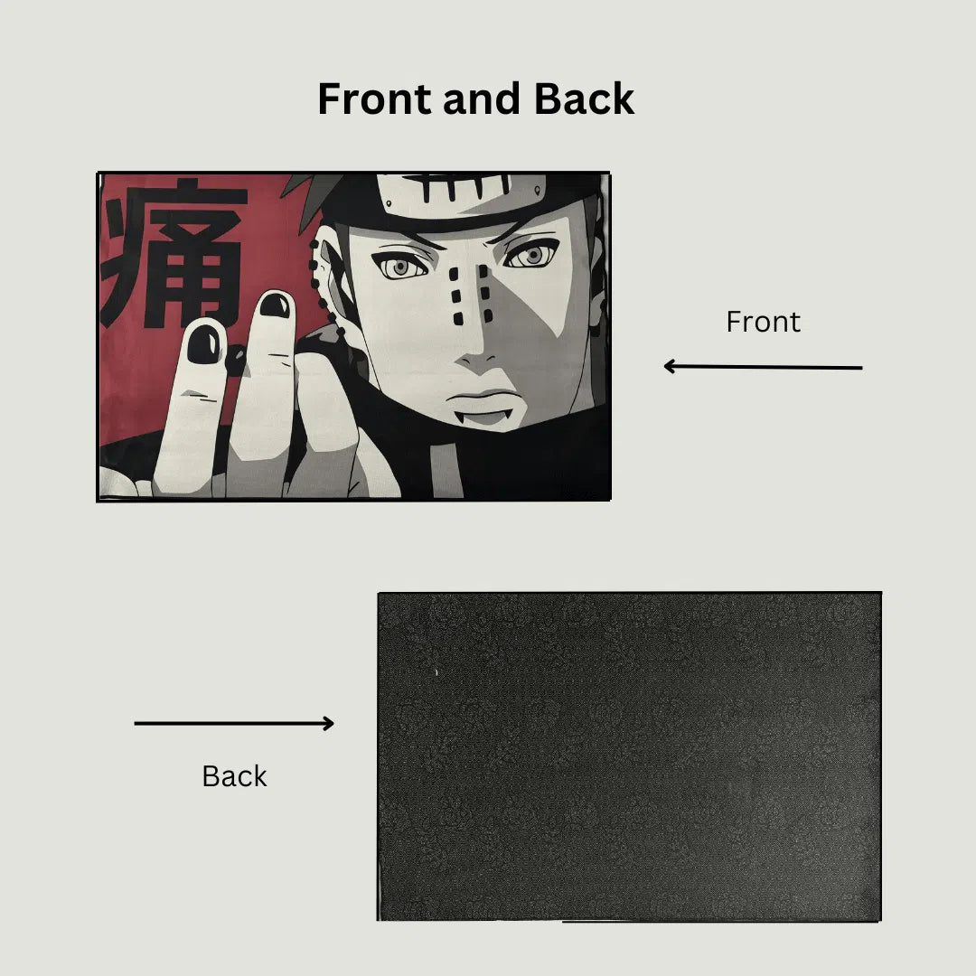Side-by-side shot showing the bold anime front design and non-slip rubber backing of the rug.