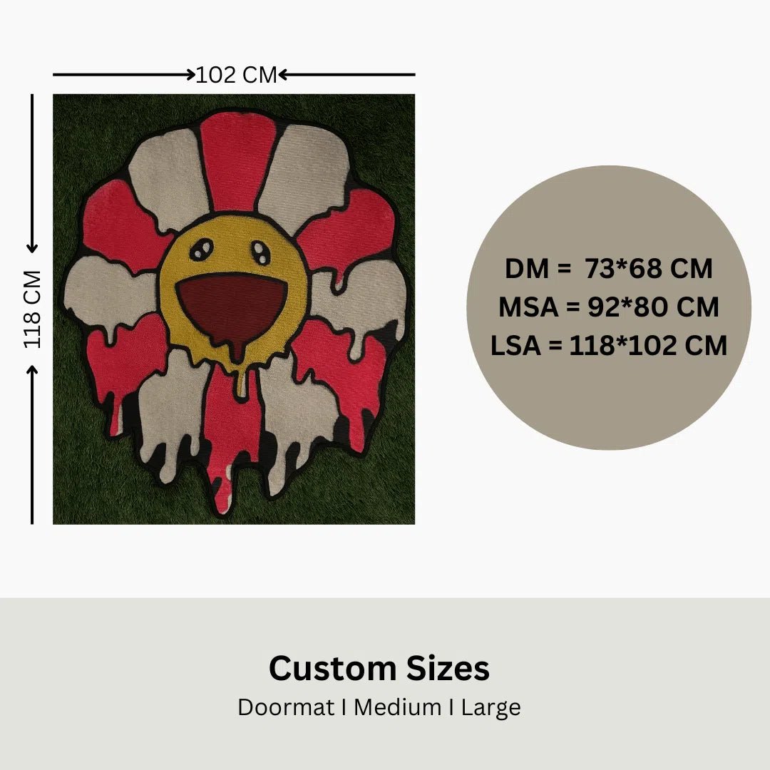 Infographic showing dimensions for small, medium, and large sizes of the Pink Drip Flower Rug.