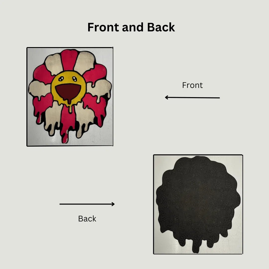 Side-by-side display of the Pink Drip Flower Rug’s printed surface and non-slip rubber base.