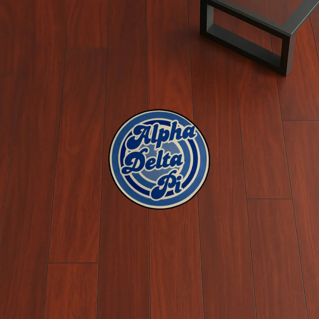 Alpha Delta Pi Retro Look | 2x2 ft custom rug by Sirenicate Rugs, prominently displayed on a vibrant dark hardwood floor background.