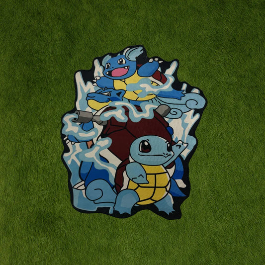 Blastoise Evolution 2 Rug – Final Form Pokémon Art custom rug by Sirenicate Rugs, prominently displayed on a vibrant dark green turf background.