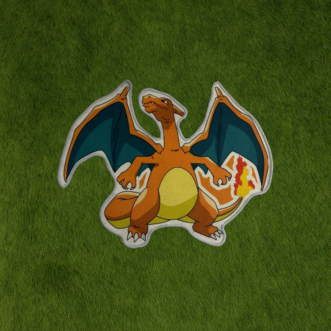 Charizard Rug – Original Pokémon Design custom rug by Sirenicate Rugs, prominently displayed on a vibrant dark green turf background.