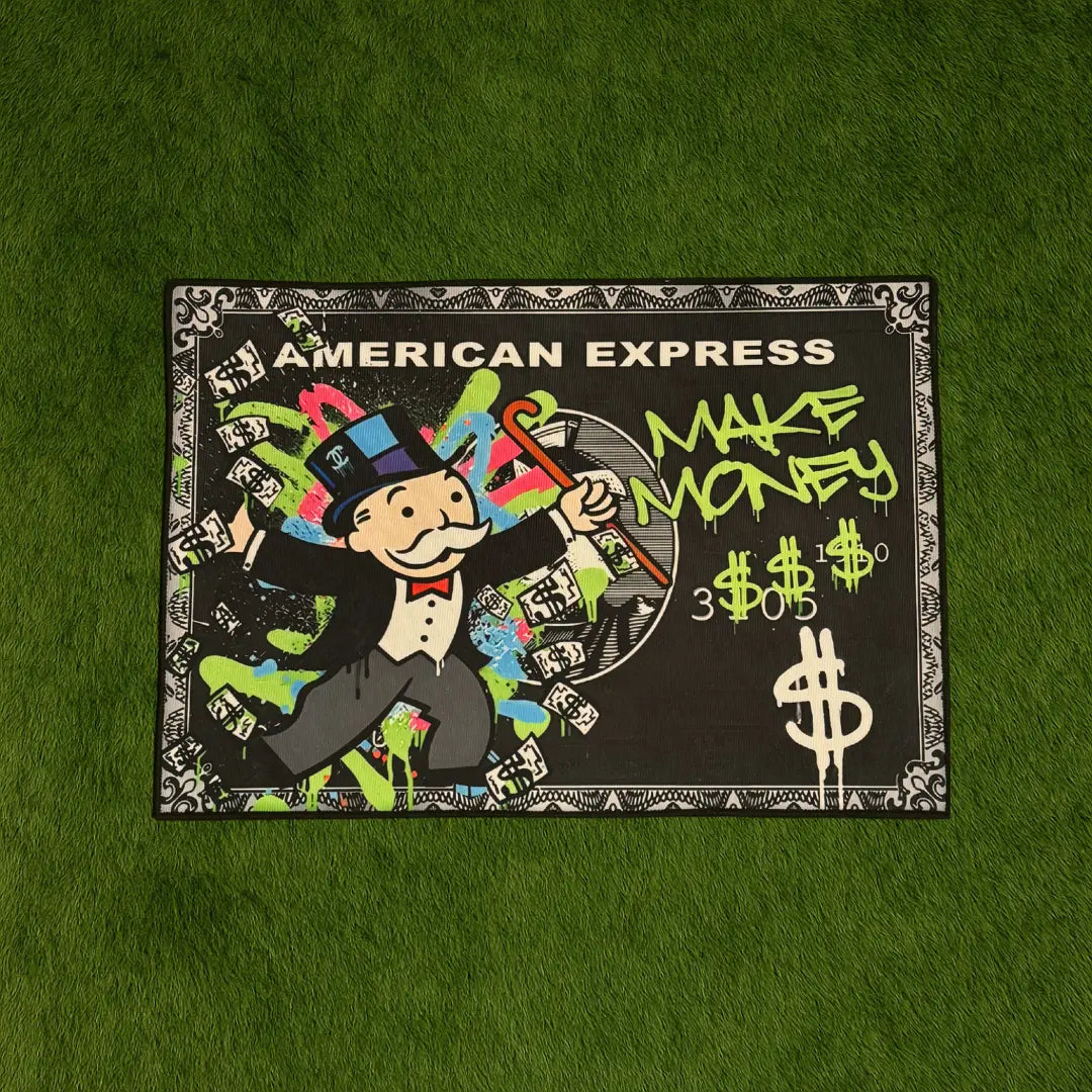 Custom Rug – Make Money Amex Design | 2.5x1.5 ft custom rug by Sirenicate Rugs, prominently displayed on a vibrant dark green turf background.