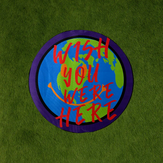 Custom Rug - Wish You Were Here custom rug by Sirenicate Rugs, prominently displayed on a vibrant dark green turf background.