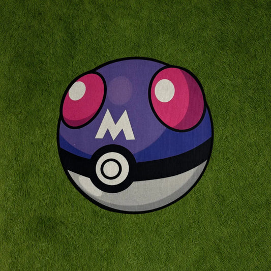 Masterball Rug – Original Pokémon-Inspired Rug Art custom rug by Sirenicate Rugs, prominently displayed on a vibrant dark green turf background.
