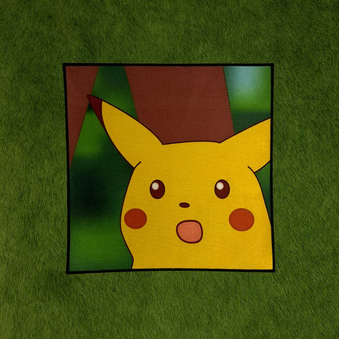 Pikachu Rug – Iconic Electric Pokémon Floor Piece custom rug by Sirenicate Rugs, prominently displayed on a vibrant dark green turf background.