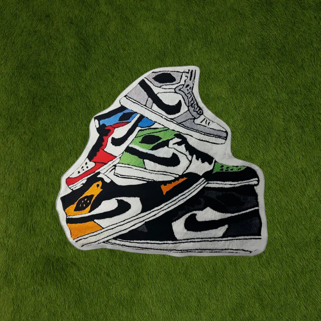 Tetris 1s Sneaker custom rug by Sirenicate Rugs, prominently displayed on a vibrant dark green turf background.